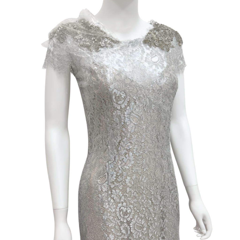 Marchesa Silver Lace Embellished Gown, 8