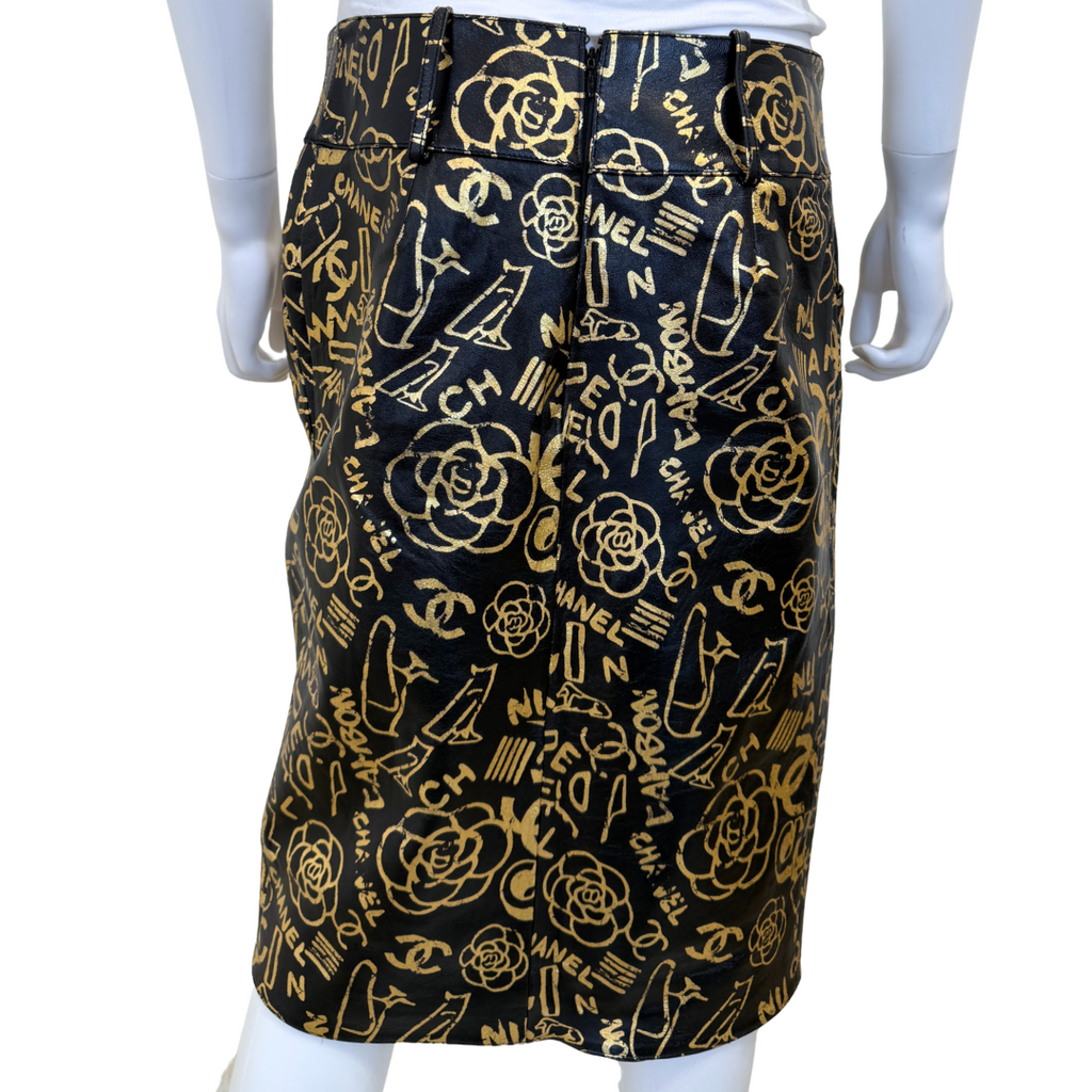 Chanel PreFall 2019 Black/Gold Egypt Collection Leather Skirt, 42