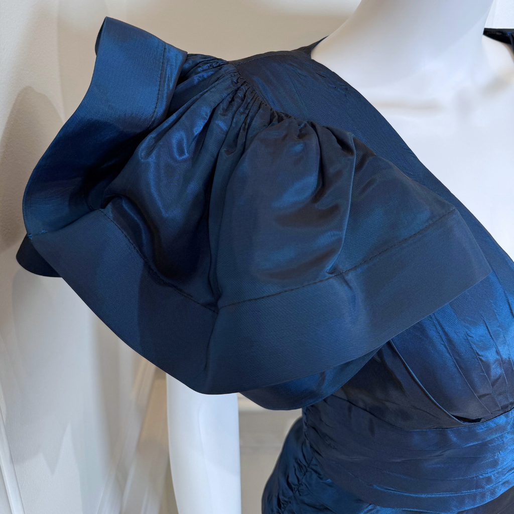 1983-1986 Navy Pleated Silk Ruffle Sleeve Dress