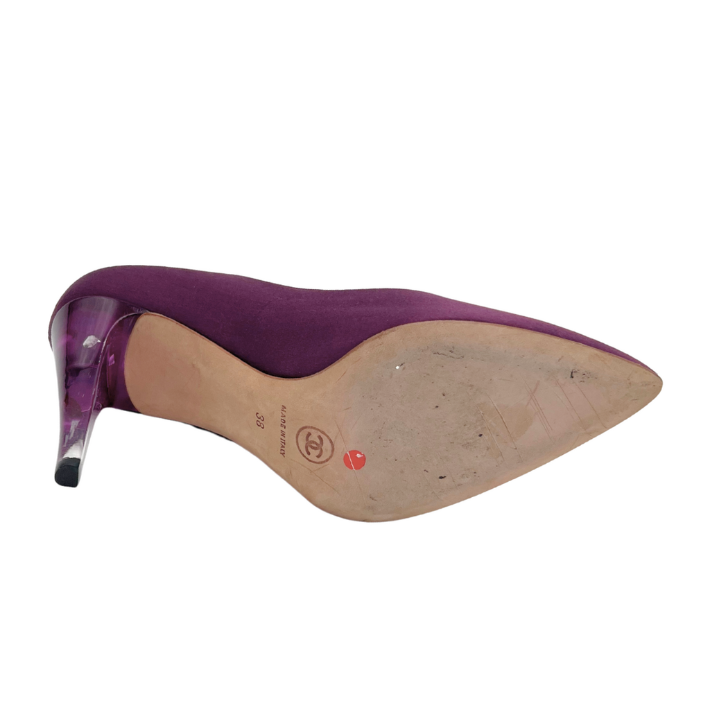 Chanel Purple Satin Clear Heels, 38