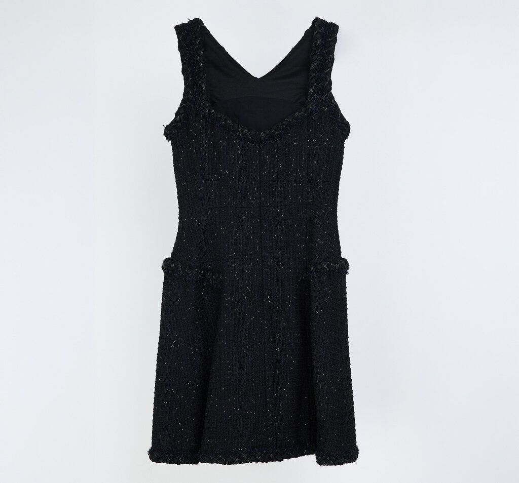 Chanel Black Sleeveless Glitter Tweed Dress