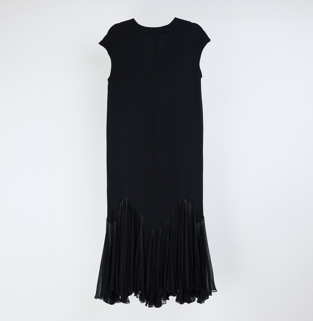 Khaite Black Silk Cap Sleeve Pleat Hem Dress