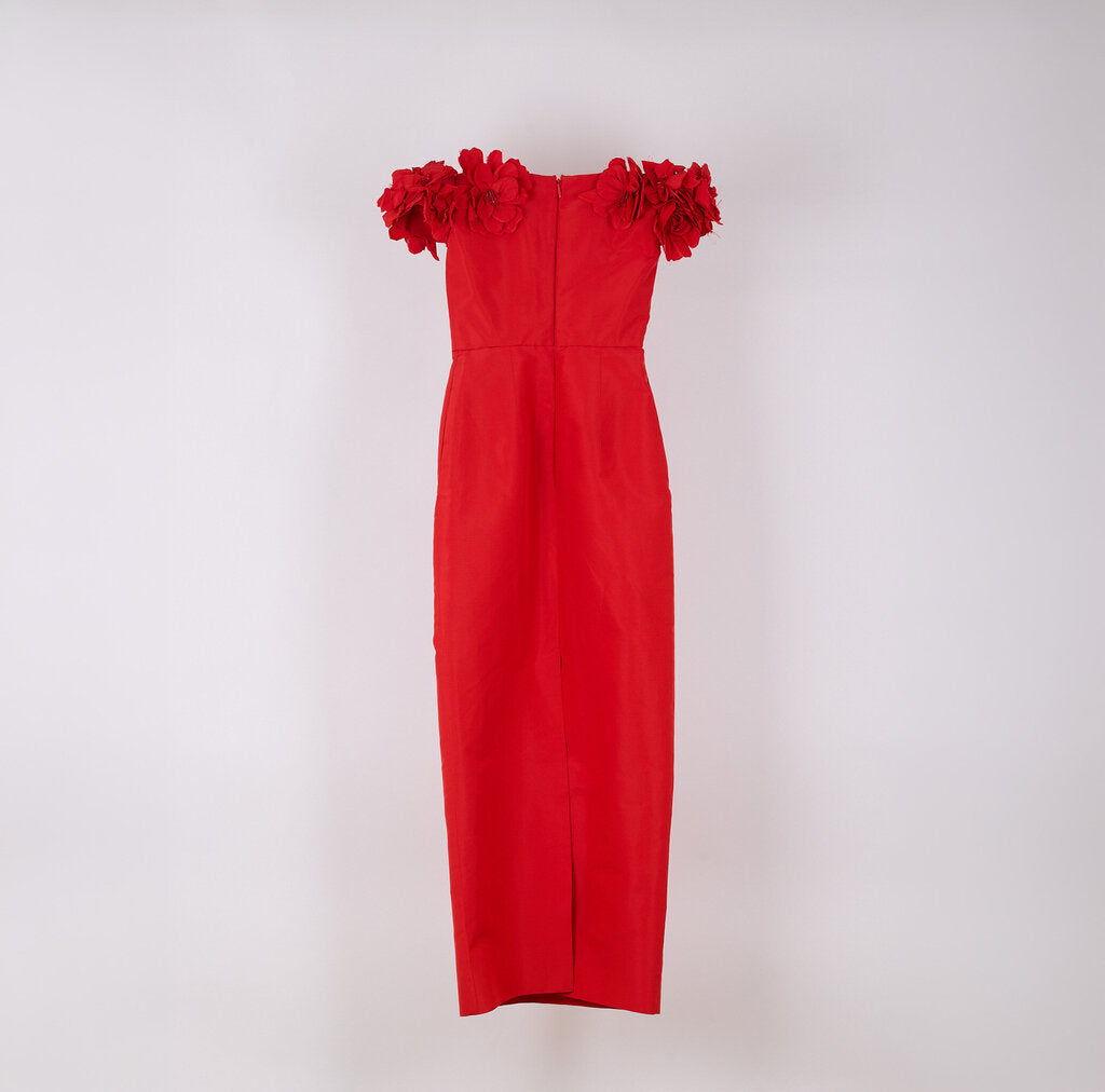 Monique Lhuillier Red Floral Column Off the Shoulder Gown