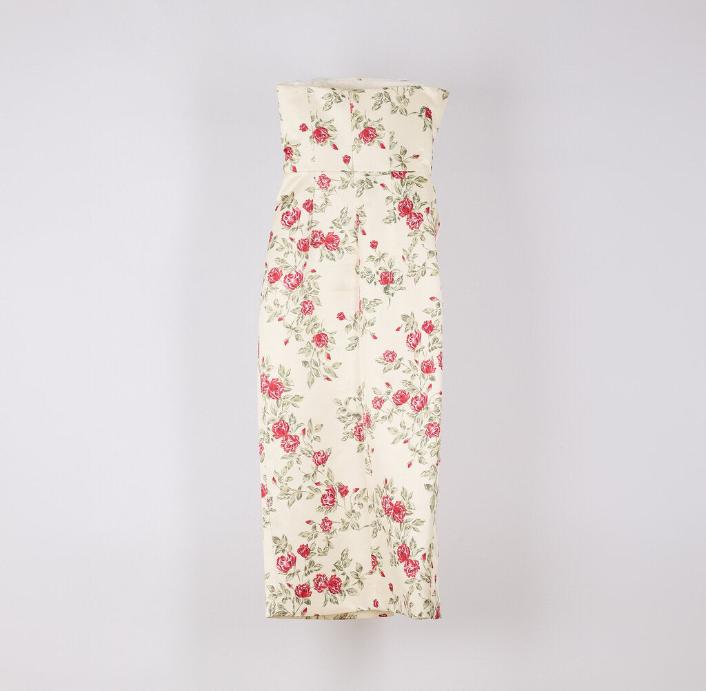 Emilia Wickstead Cream Satin Rose Printed Strapless Dress