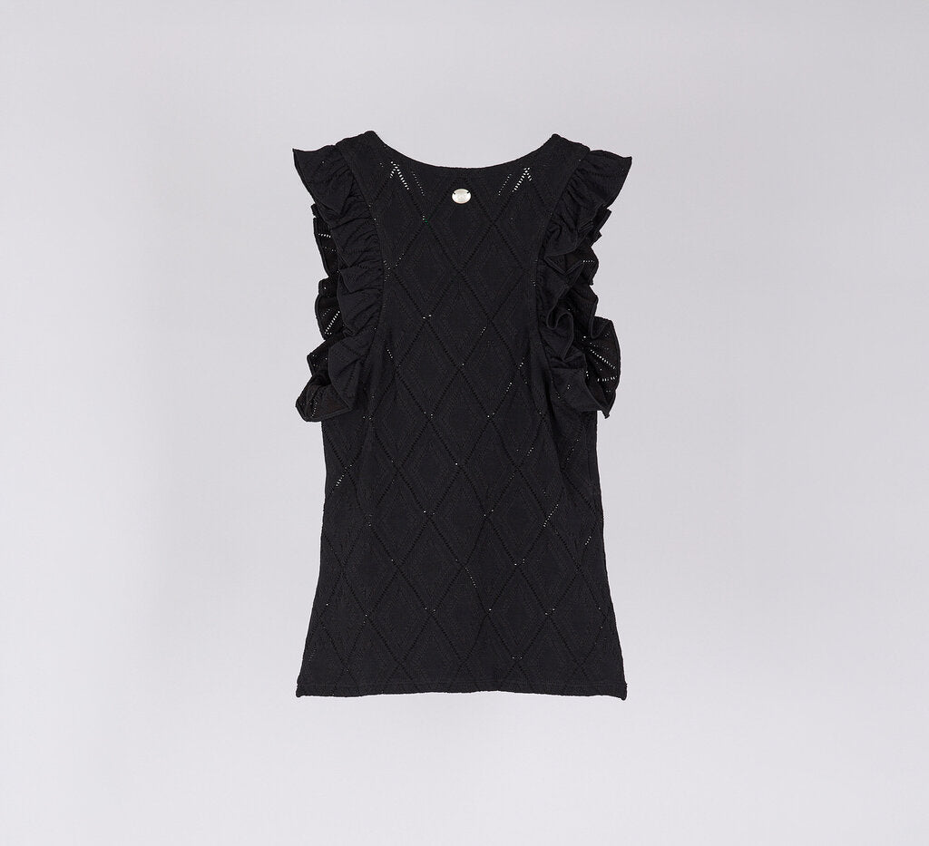 Chanel Black Poly Ruffle Sleeve Pointelle Top