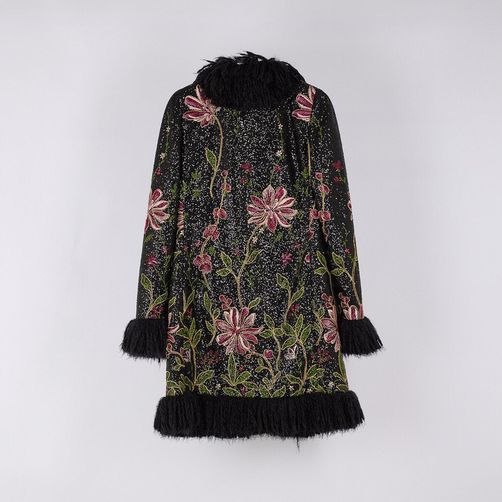 Giambattista Valli Black Embroidered Fur Trim Coat