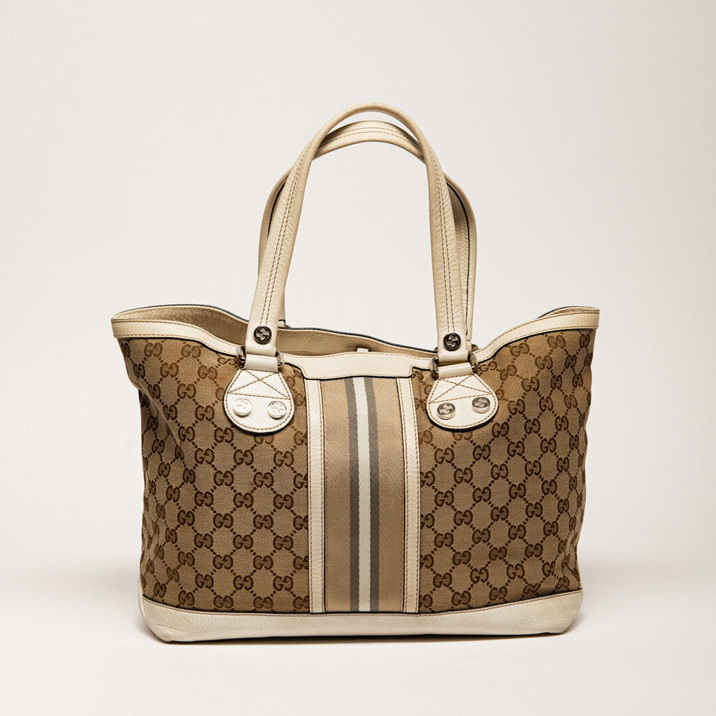 Gucci Monogram Stripe Tote w/White Trim