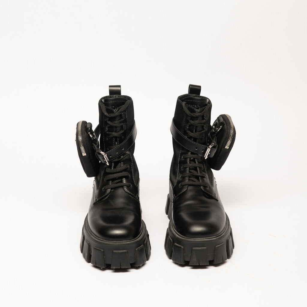 Prada Black Leather Lug Sole Boots with Pouch