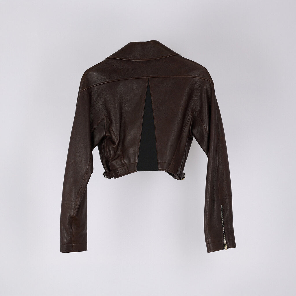 Alaia Brown Lamb Leather Cropped Leather Jacket