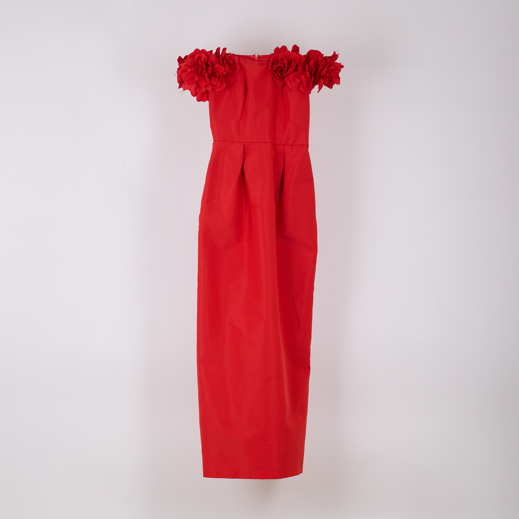 Off-The-Shoulder Floral Column Gown 2 / Scarlet