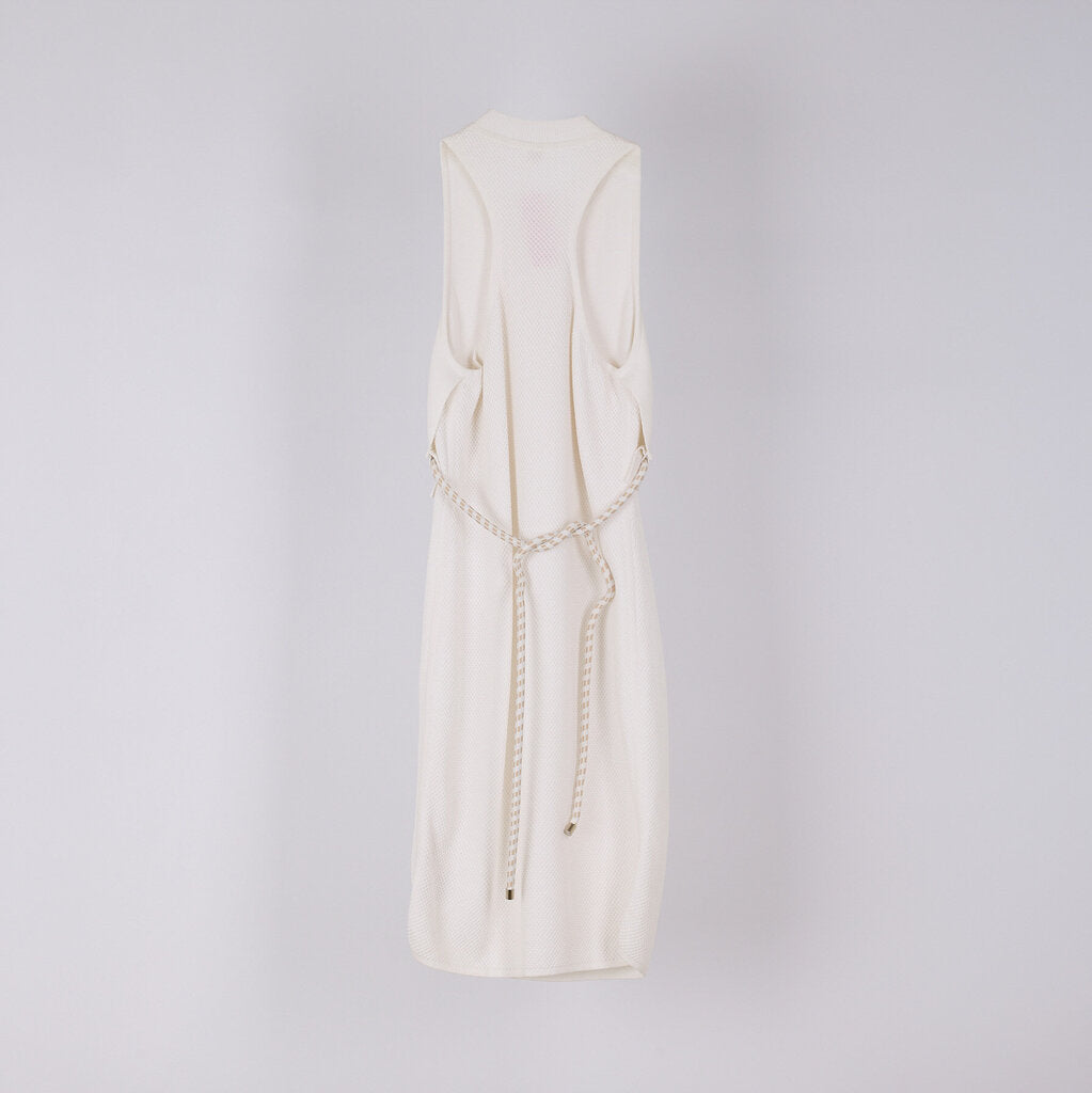 Hermes White & Grey Sleeveless Mini Cotton Blend Tie Dress