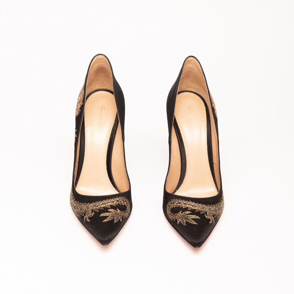 Gianvito Rossi Black Satin Dragon Embroidered Pumps