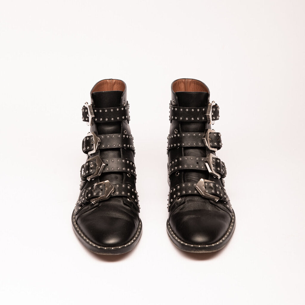 Givency Black Leather Studded Buckle Boots