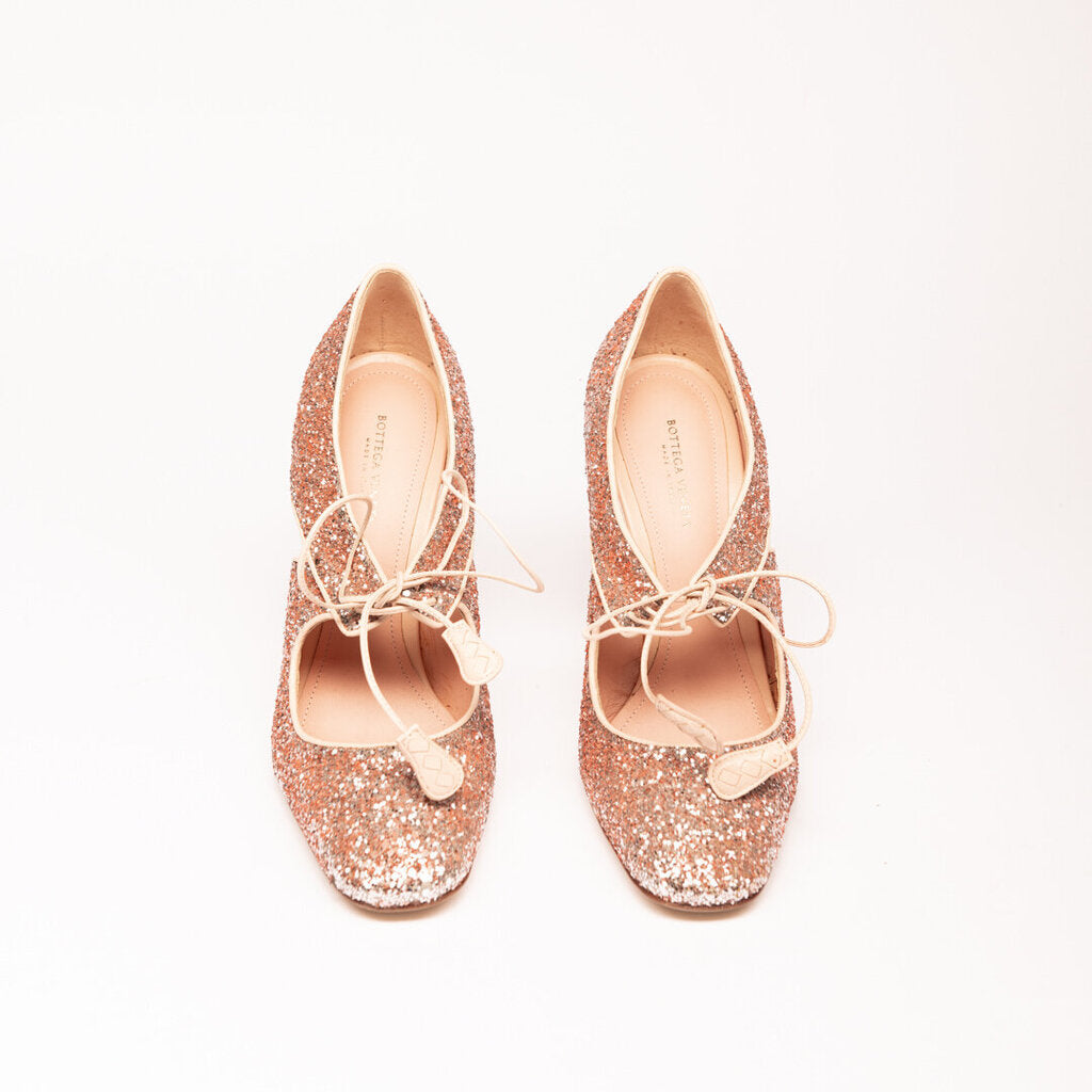 Bottega Veneta Pink Glitter Lace Up Pumps