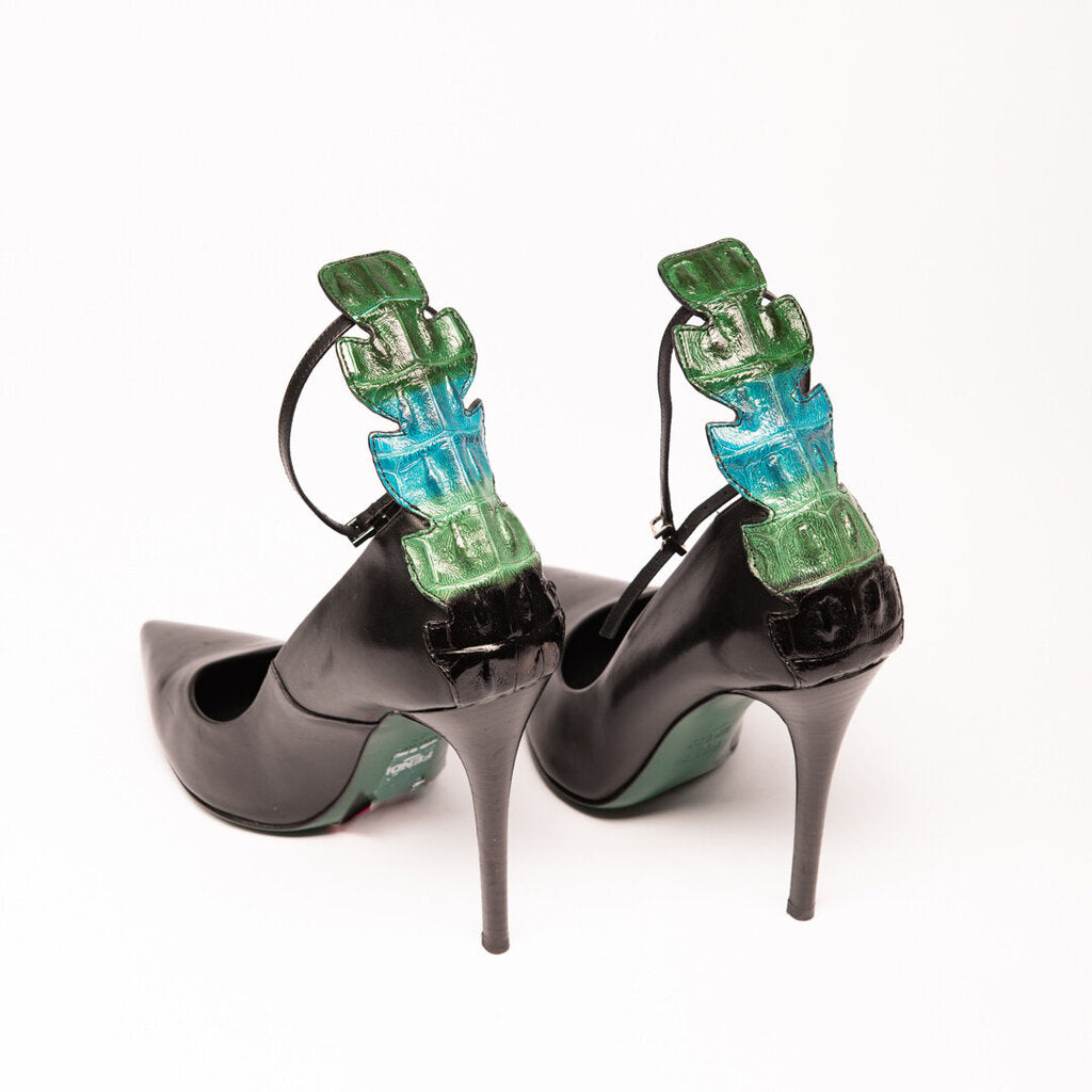 Fendi Black Leather Green Crocodile Heel