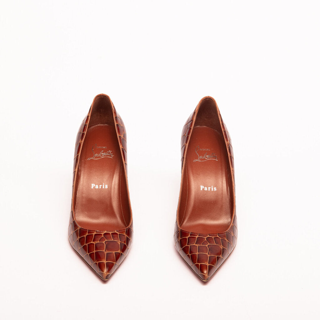 Christian Louboutin Brown Patent Leather Croc Embossed Pump