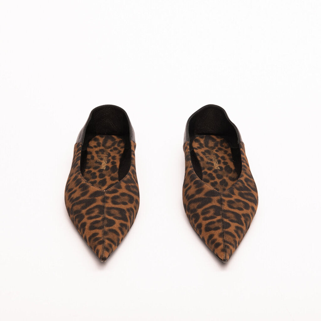 Saint Laurent Leopard Print Viscose & Leather Pointed Toe Flat