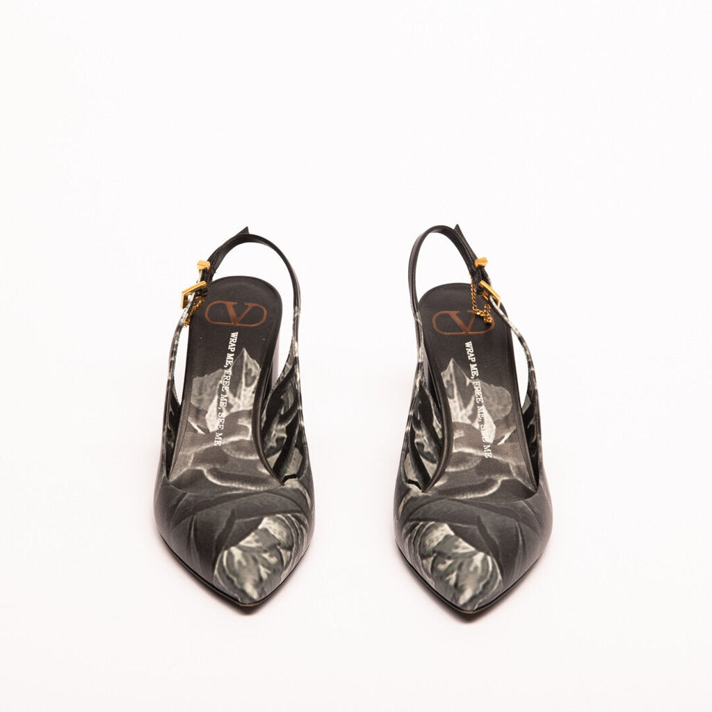 Valentino Black Rose Print Slingback Pump