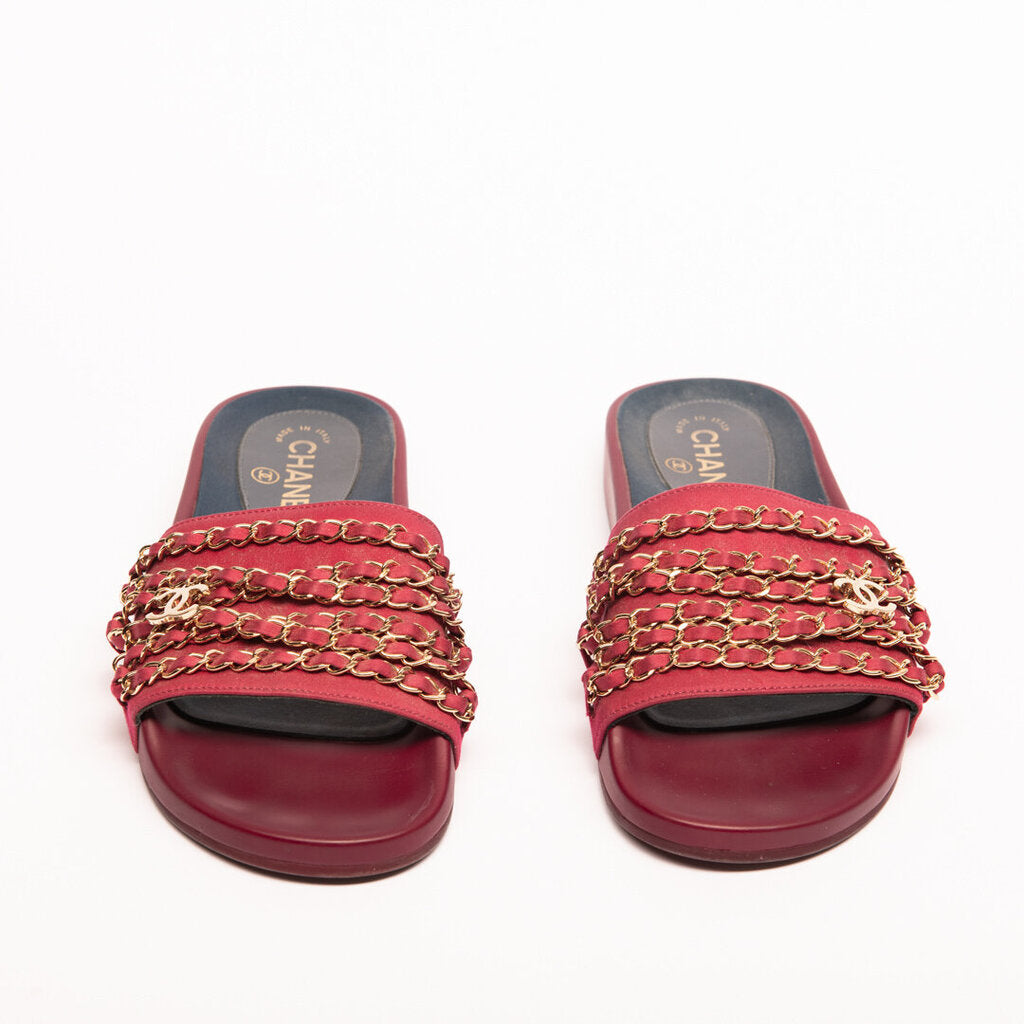 Chanel Red Leather & Satin Tropiconic Chain Slides (2017)