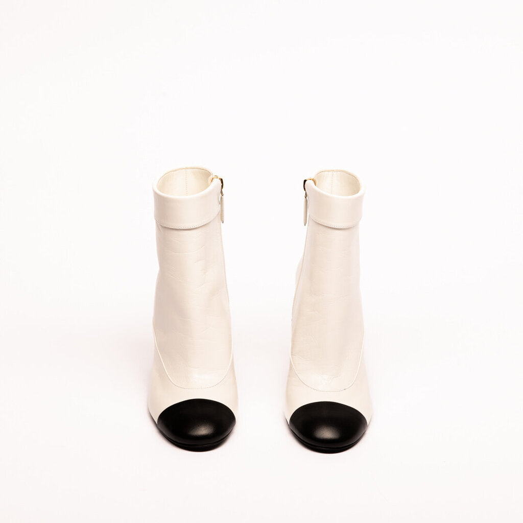 Chanel White Leather Cap Toe Pearl-Accent Heeled Boots