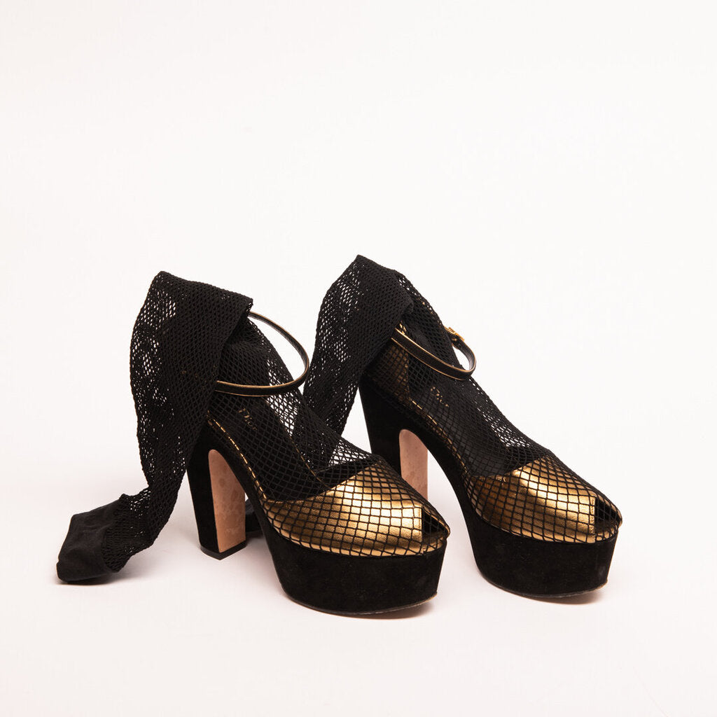 Christian Dior Black & Gold Fishnet Platform Pump