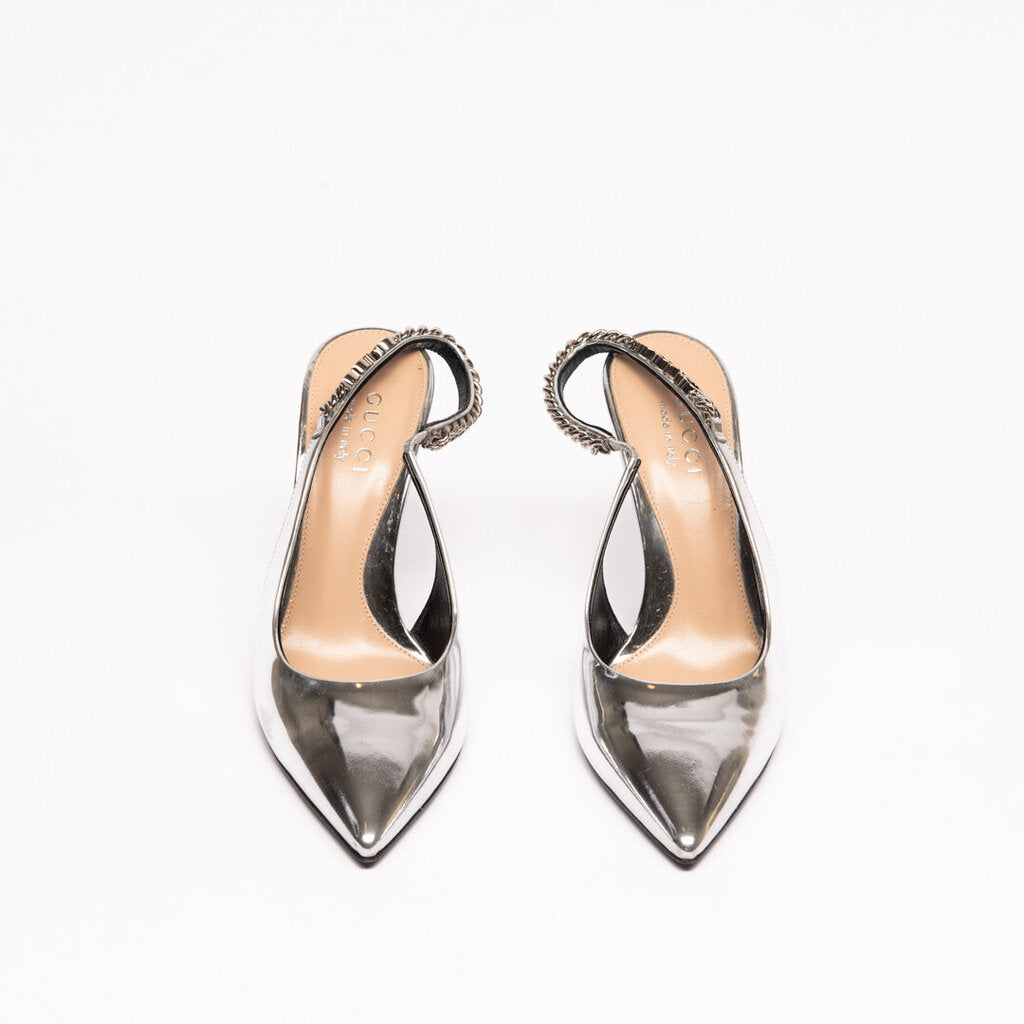 Gucci Silver Leather Slingback Pump