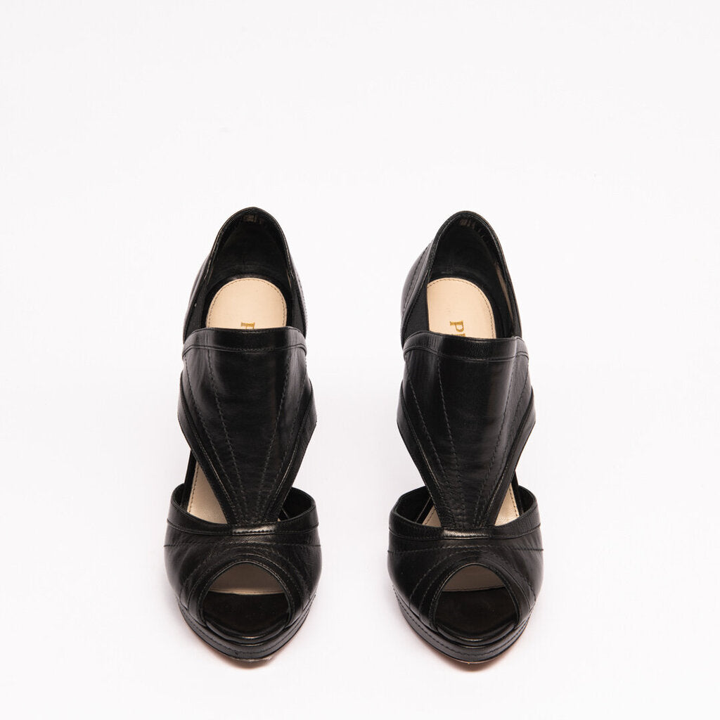 Prada Black Leather Open Toe Heel