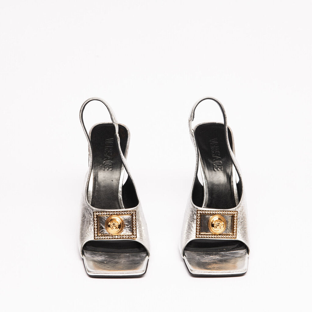 Versace Silver Medusa Leather Slingback Heels