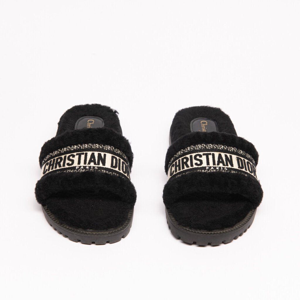 Christian Dior Black Shearling Dway Slides