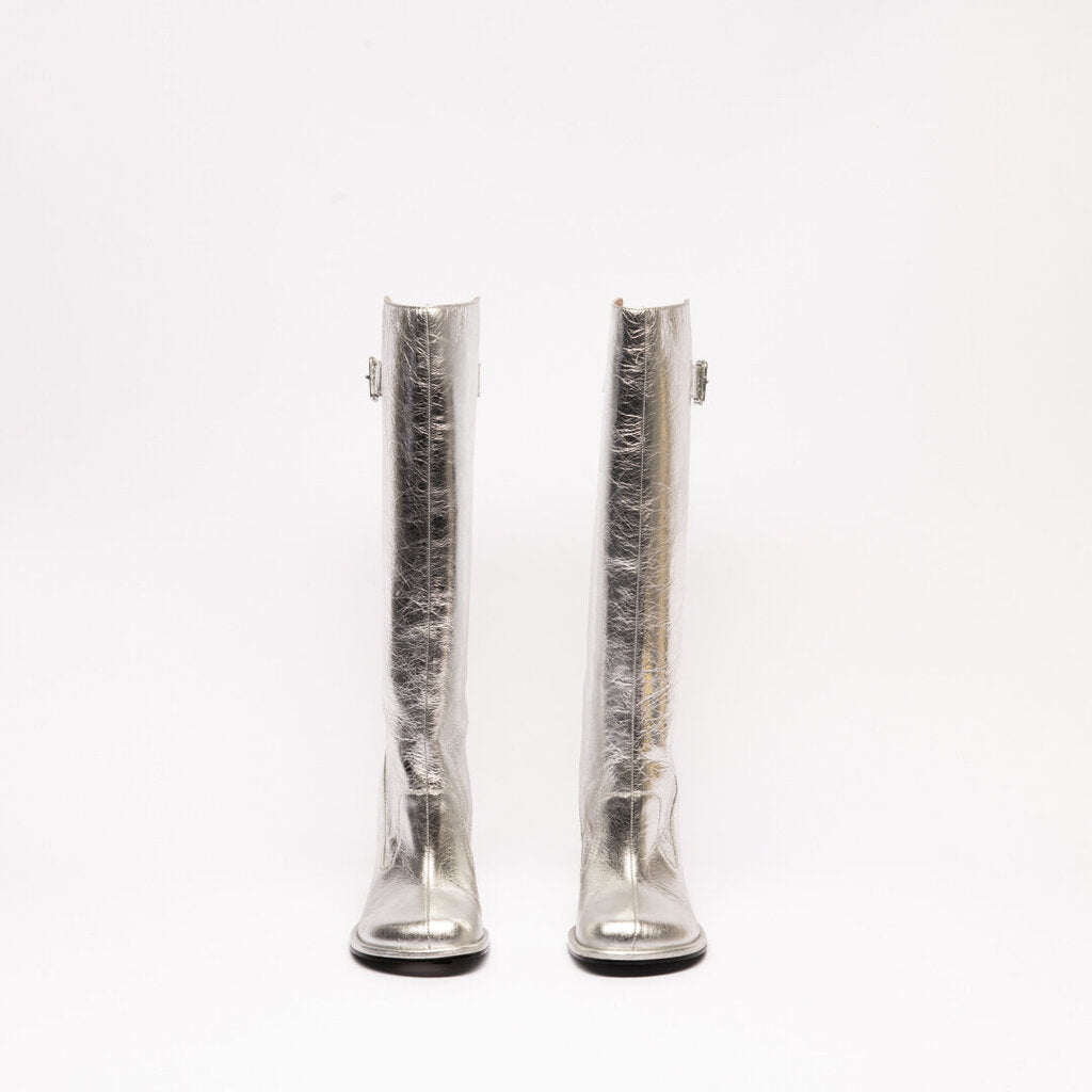 Ami Silver Leather Block Heel Knee High Boots