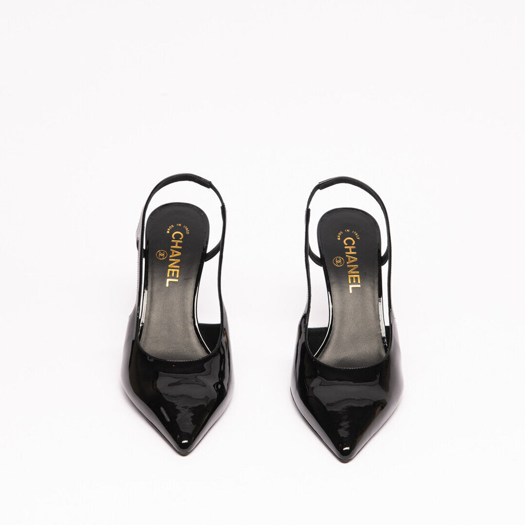 Chanel 26A Metiers D'Art Black Patent Slingback Heels