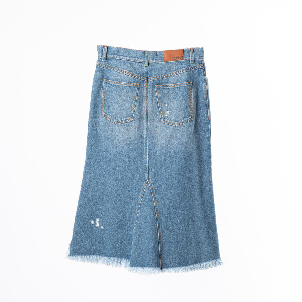 Chloe Blue Denim Distressed Midi Skirt