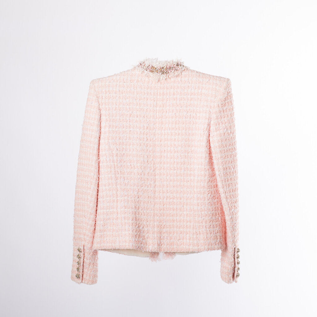 Balmain Pink Cotton & Wool Blend Tweed Blazer