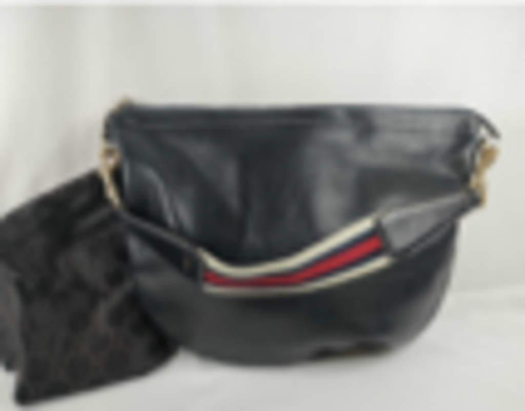 Black Leather Half Moon Stripe Strap Bag