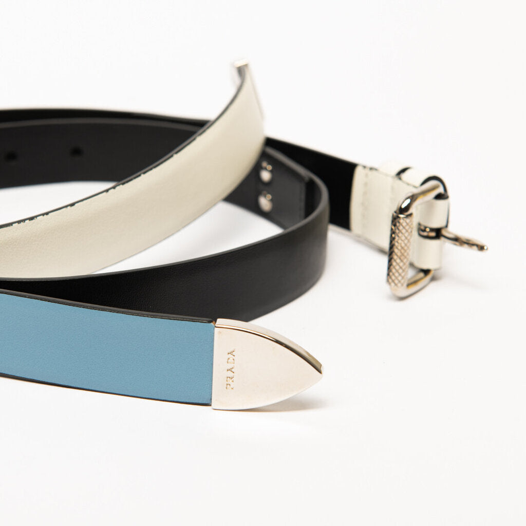 Prada Blue/Black Leather & Silver Hardware Belt (85 CM)