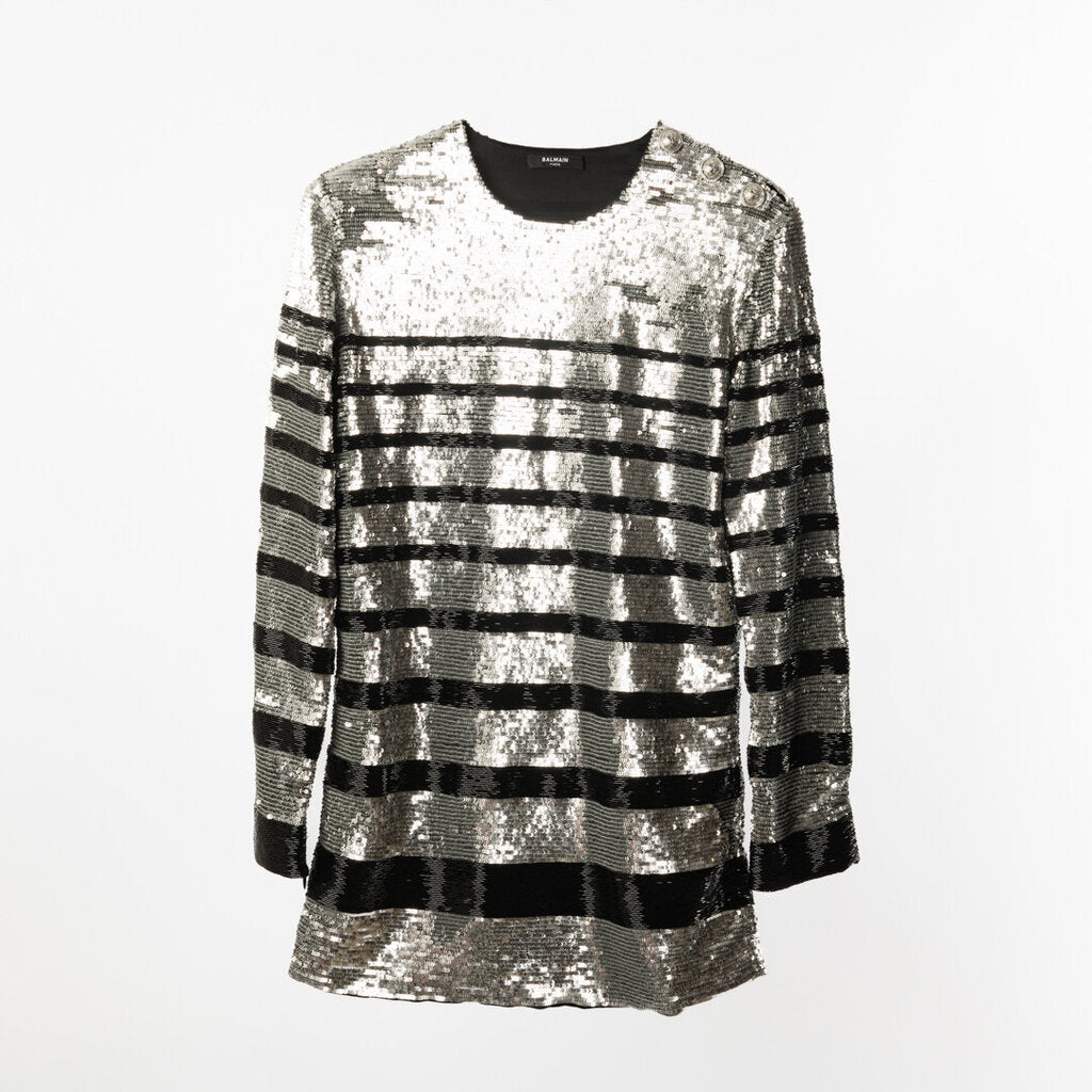 Balmain Silver/Black Sequin Striped Mini Dress