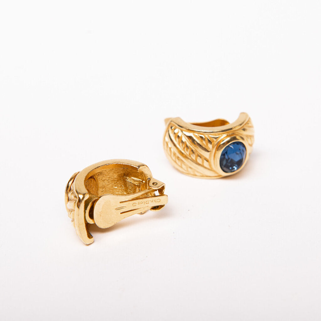 Christian Dior Gold-Tone Blue Jewel Clip-On Earrings (1980's)