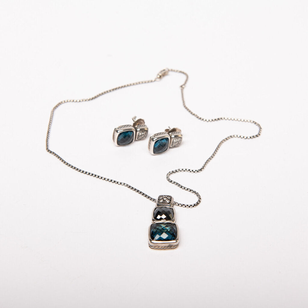 David Yurman Topaz, Hermatite & Diamond Chiclet Style Earrings & Necklace