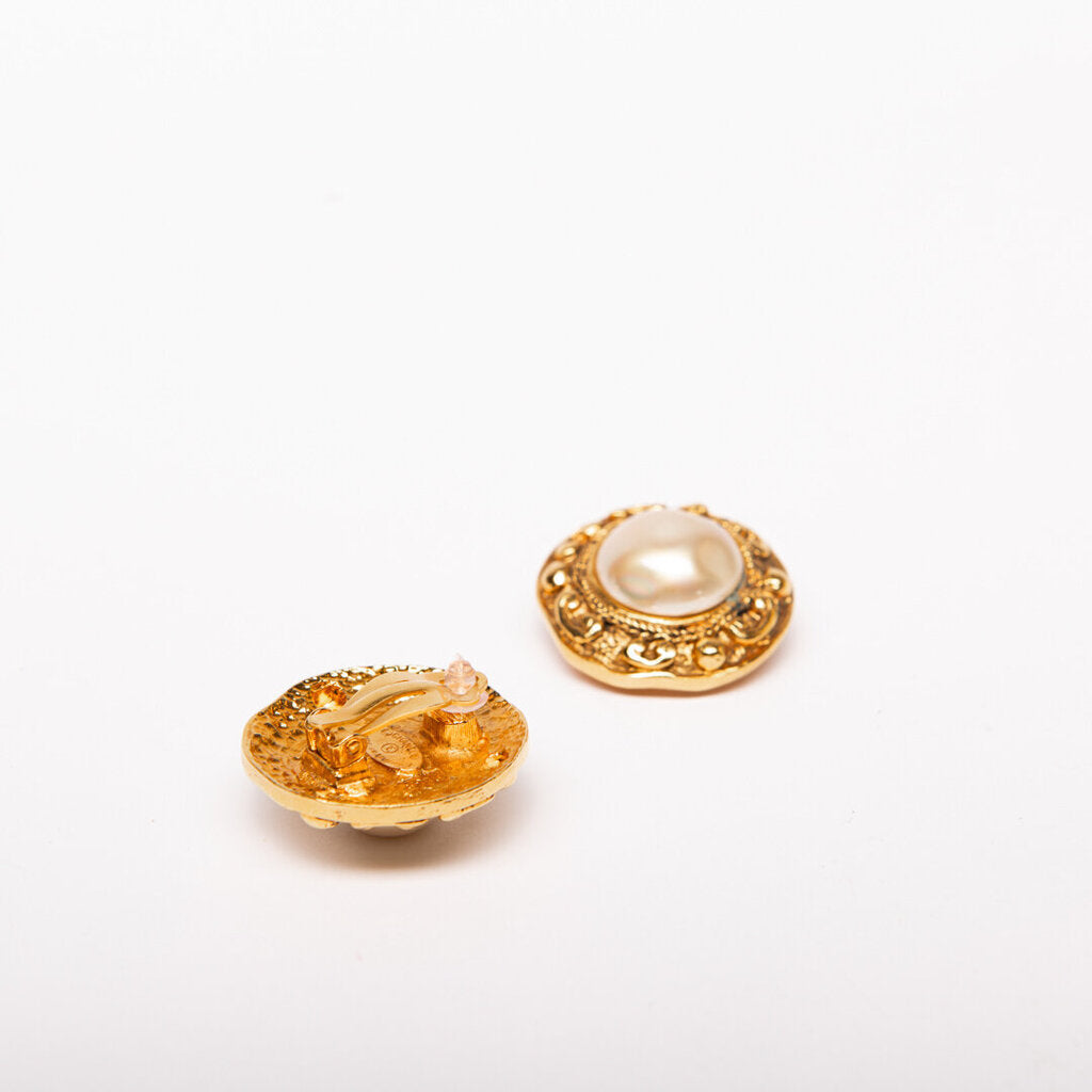 Chanel Vintage Gold Tone Faux Pearl Clip-On Earrings