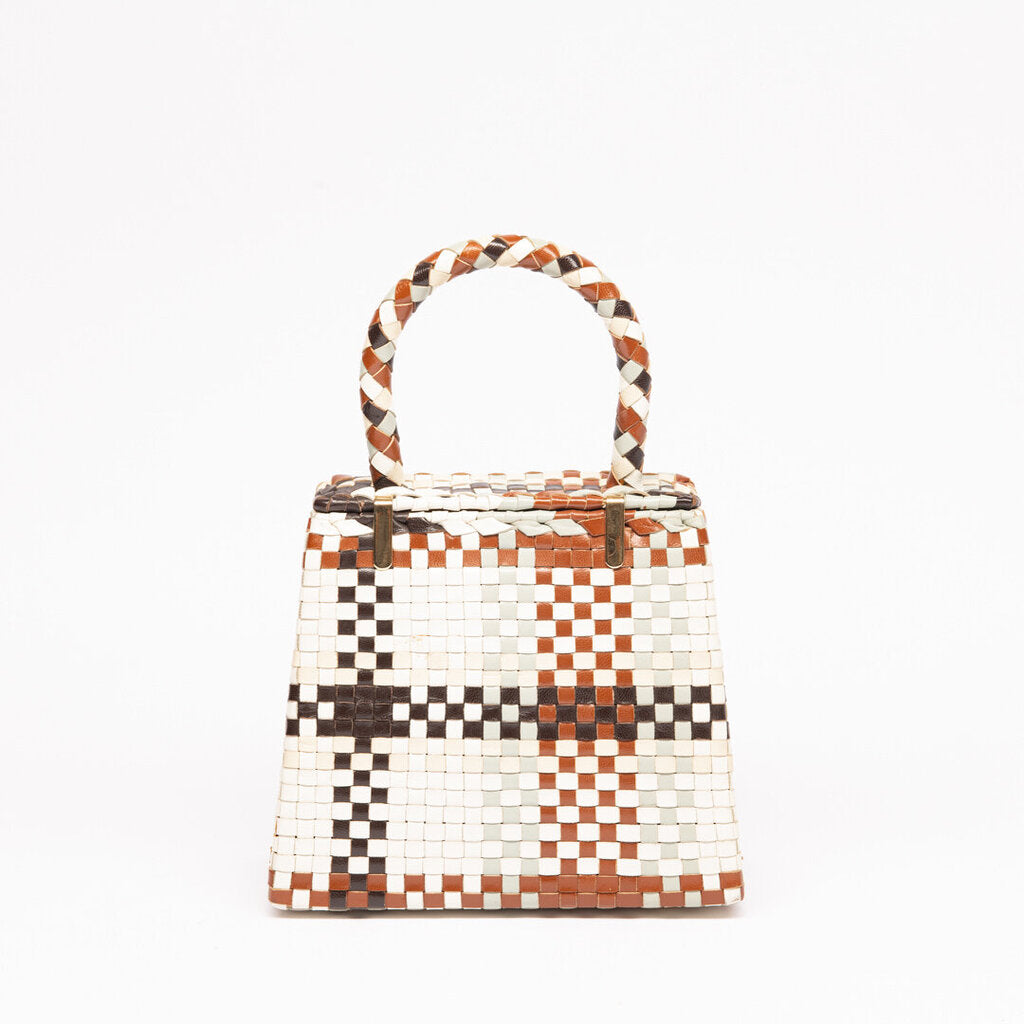 Ferragamo Burgundy, Cream & Sage Woven Leather Top Handle Bag