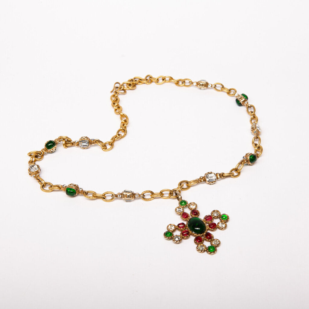 Chanel Vintage Gold-Plated Gripoix Byzantine Cross Necklace (1980s-1990s)