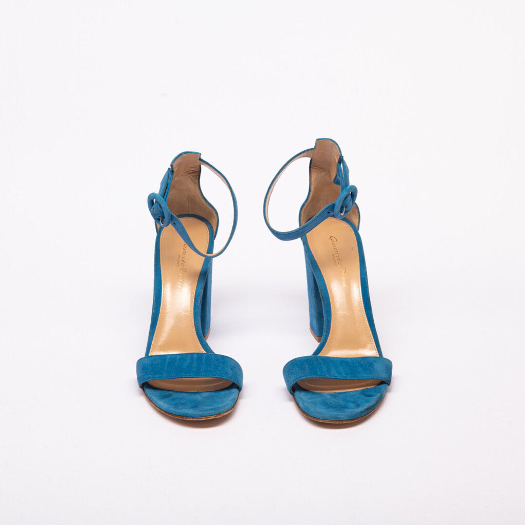 Gianvito Rossi Blue Suede Ankle Strap Heel