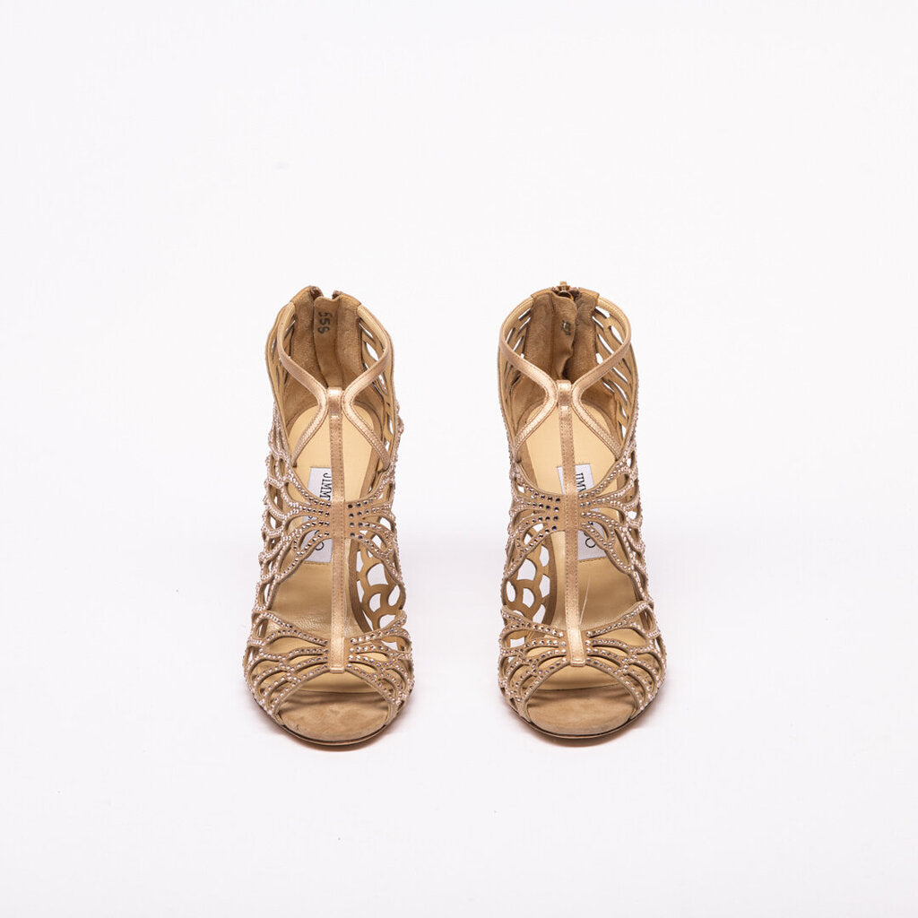 Jimmy Choo Tan Leather Jeweled Heels