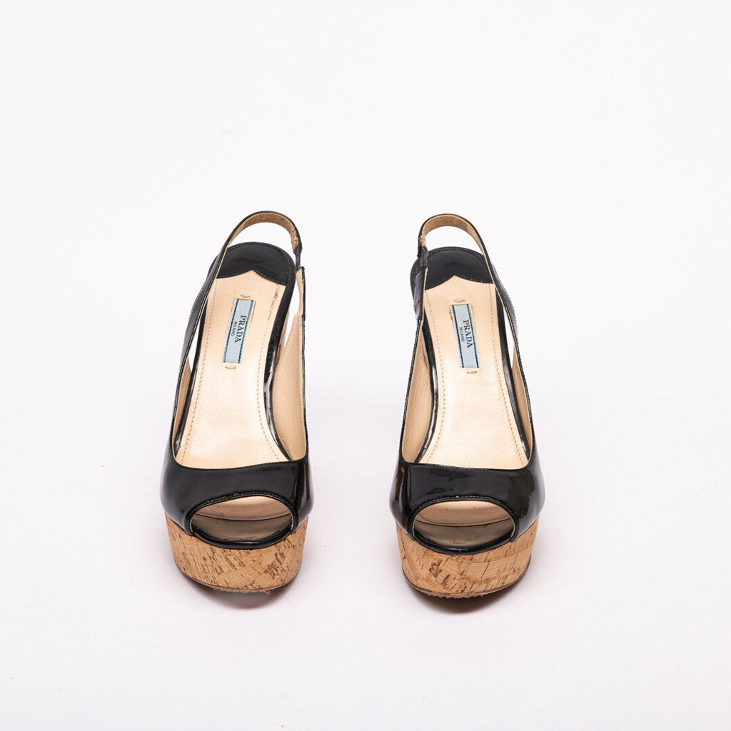 Prada Black Patent Cork Wedge Sandal