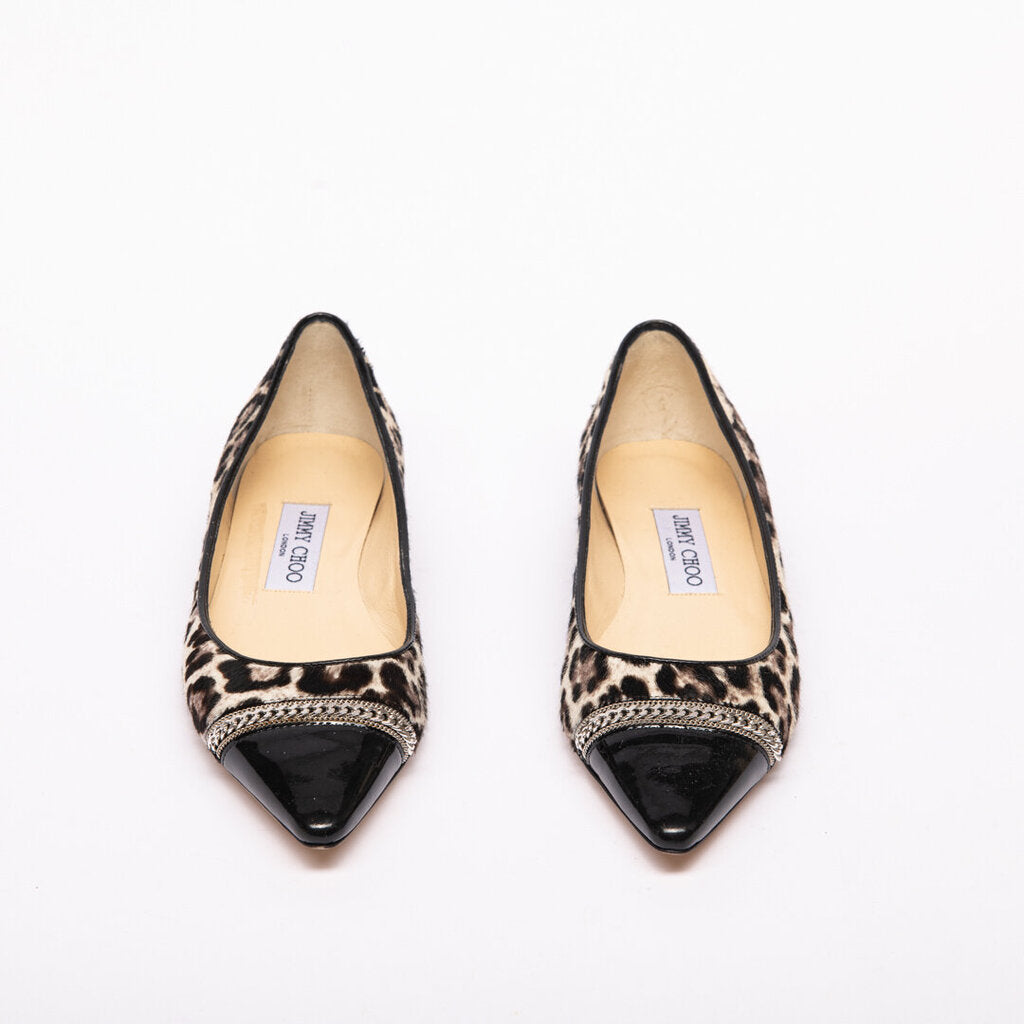 Jimmy Choo Brown Pony Hair Animal Print Chain-Accent Flats