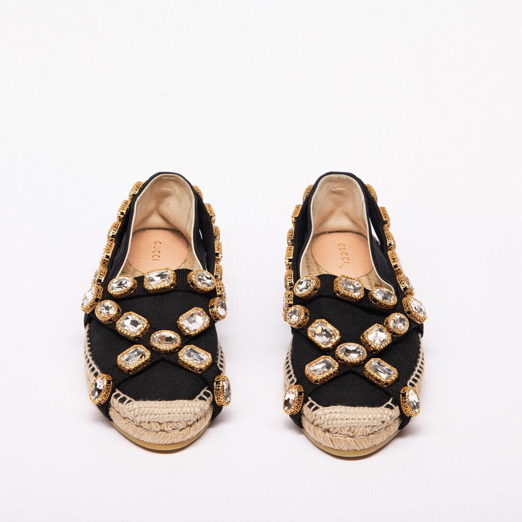 Gucci Black Canvas Crystal Embellished Espadrille