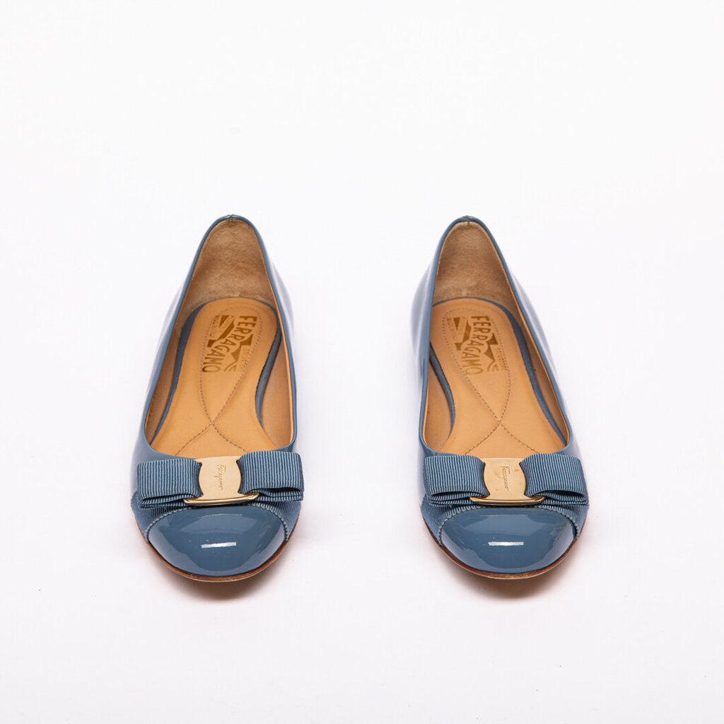 Ferragamo Blue Patent Bow Flats