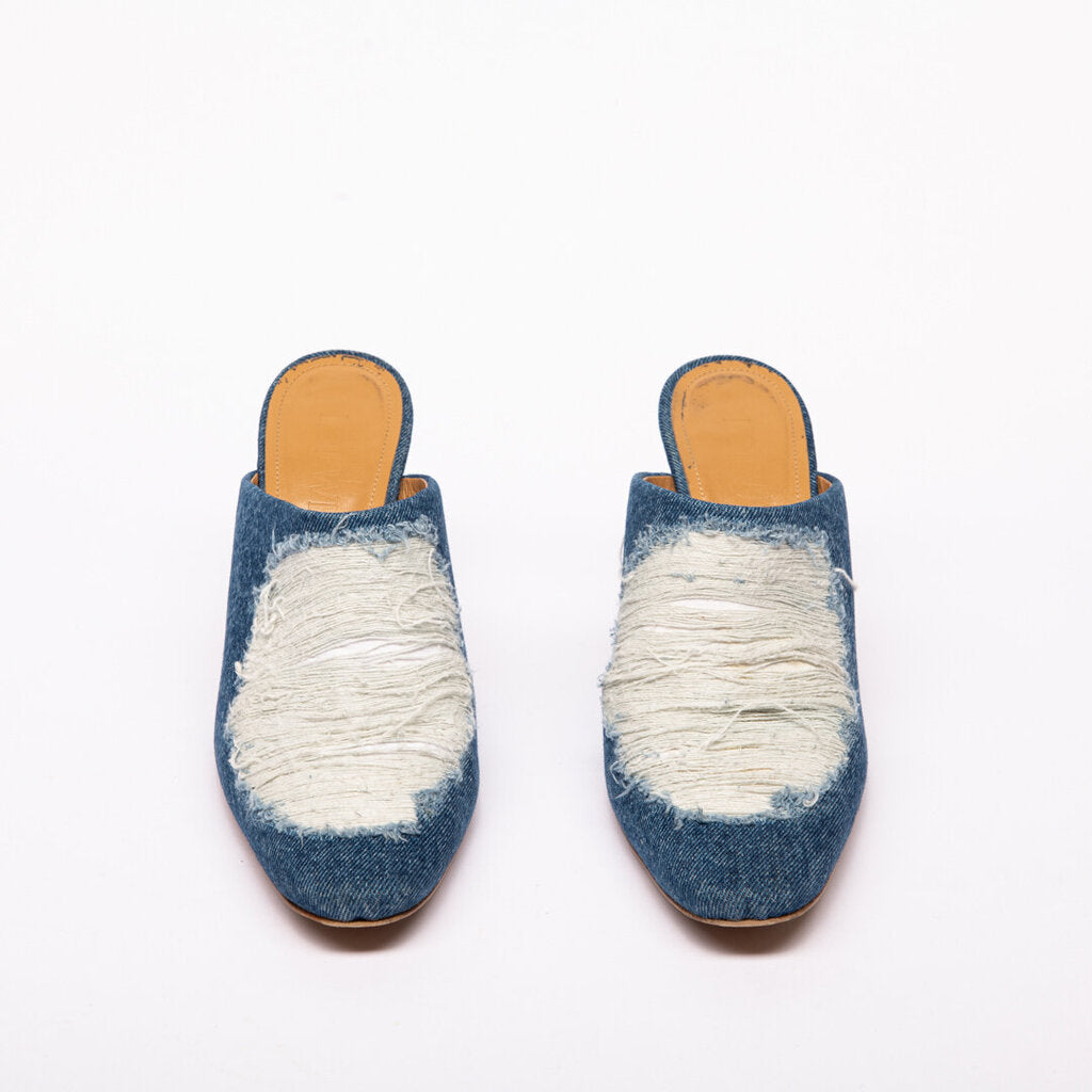 Loewe Blue Denim Distressed Heeled Mules