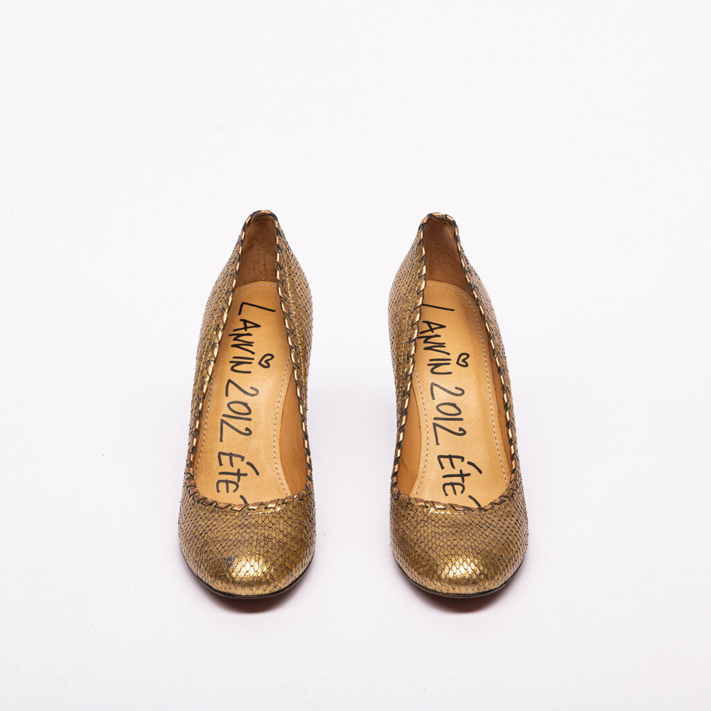Lanvin Gold Leather Round Toe Heels