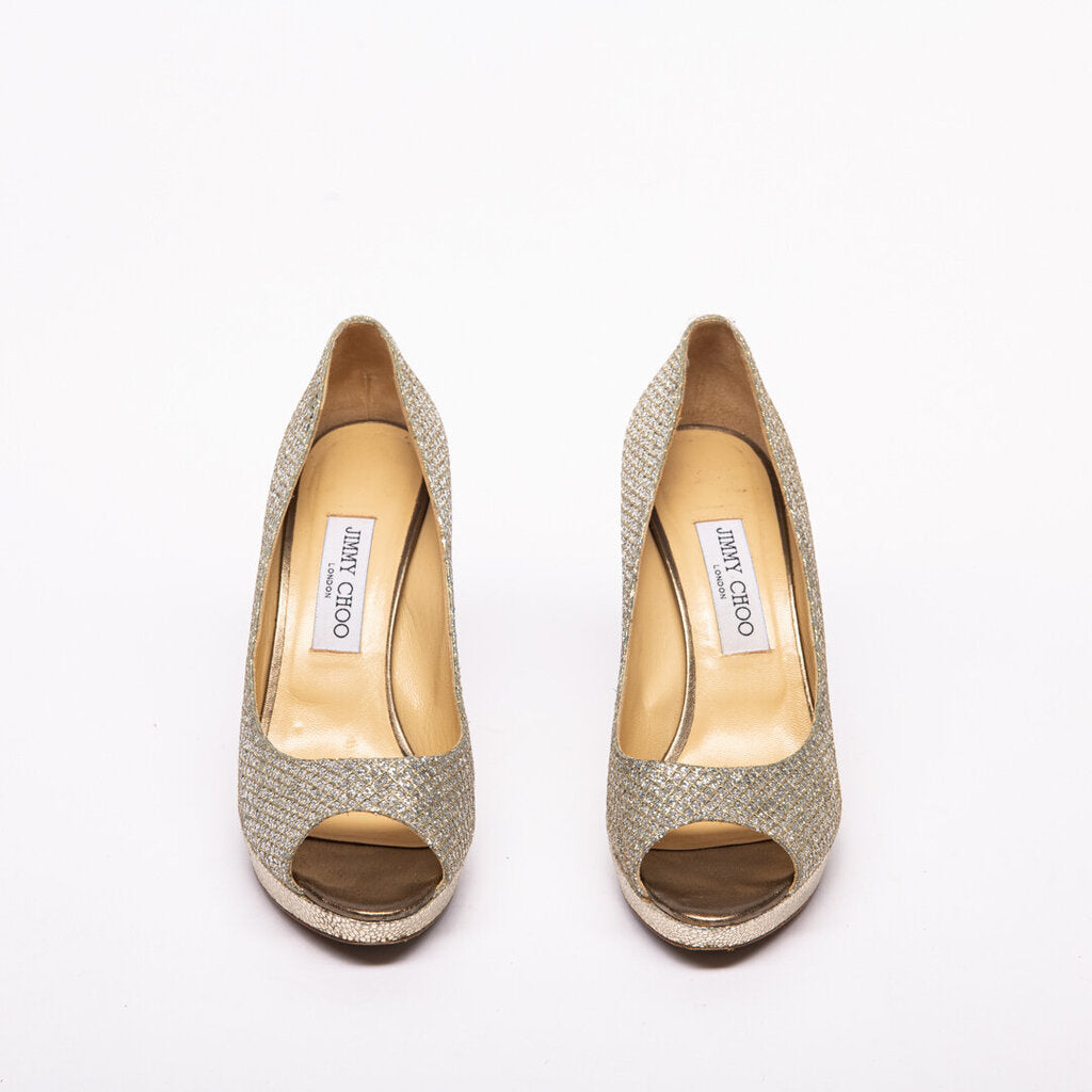 Jimmy Choo Silver Glitter Peep Toe Pump